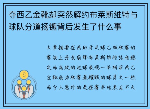 夺西乙金靴却突然解约布莱斯维特与球队分道扬镳背后发生了什么事