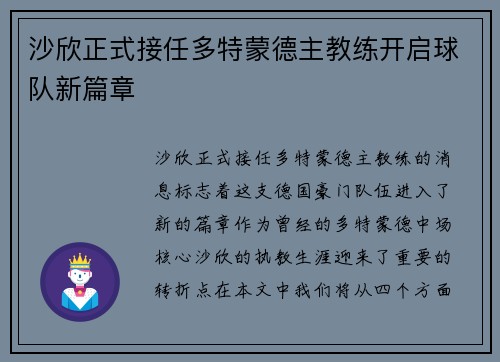 沙欣正式接任多特蒙德主教练开启球队新篇章