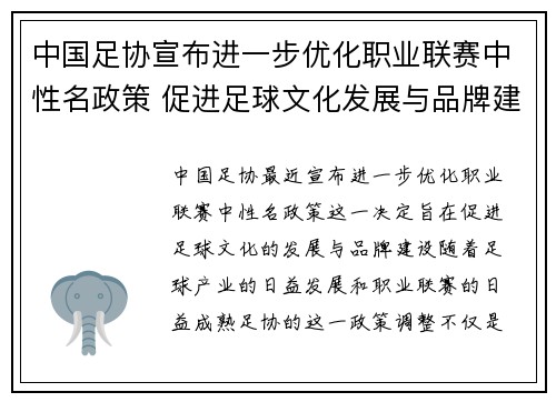 中国足协宣布进一步优化职业联赛中性名政策 促进足球文化发展与品牌建设